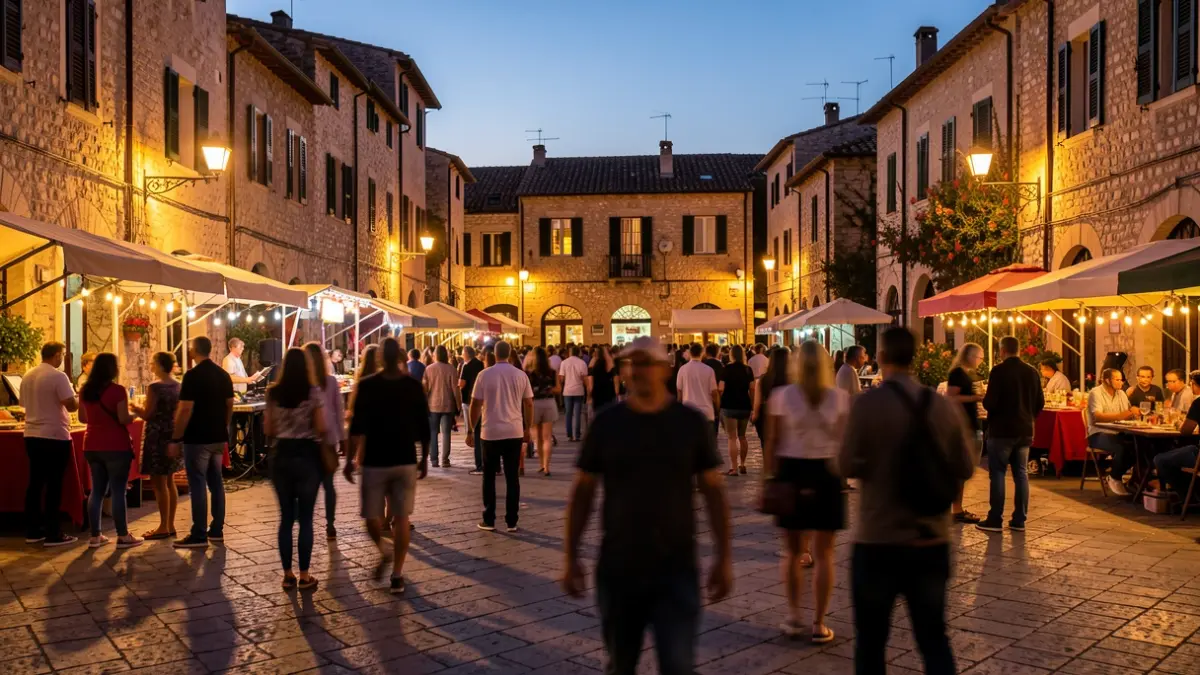 Imatge genèrica d'una plaça de poble mediterrani durant una festa nocturna.