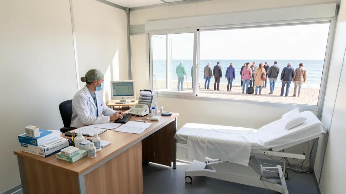 Imatge d'una consulta mèdica en un centre sanitari temporal a la platja, amb material mèdic i llum diürna.
