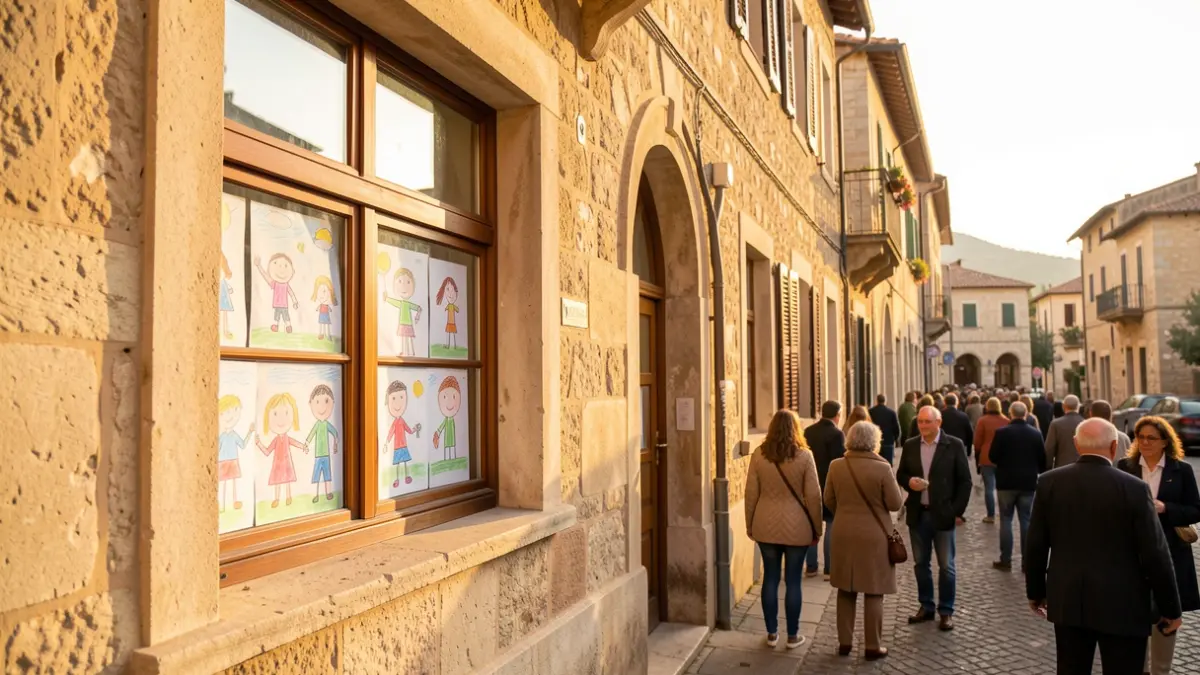 Imatge genèrica d'una façana d'edifici escolar amb dibuixos infantils visibles per una finestra.