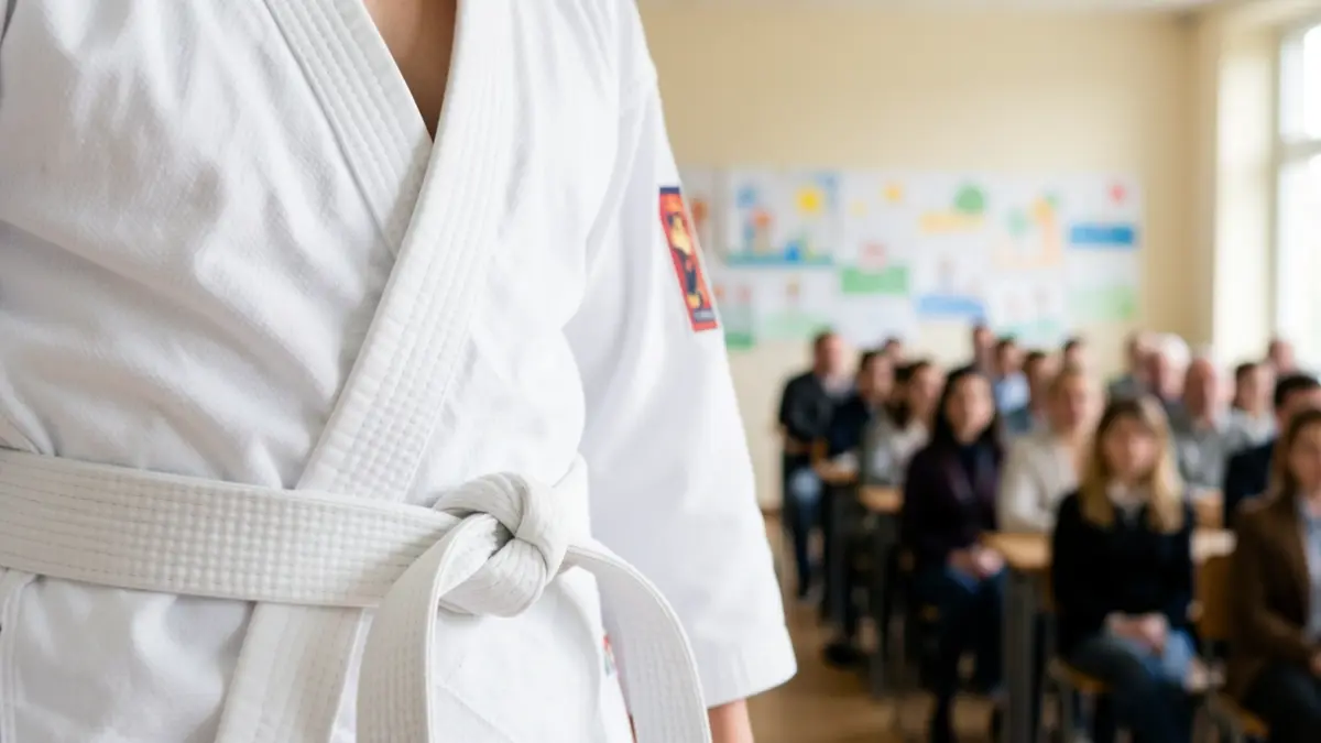 Imatge genèrica d'un cinturó de judo blanc sobre un fons desenfocat d'una aula.