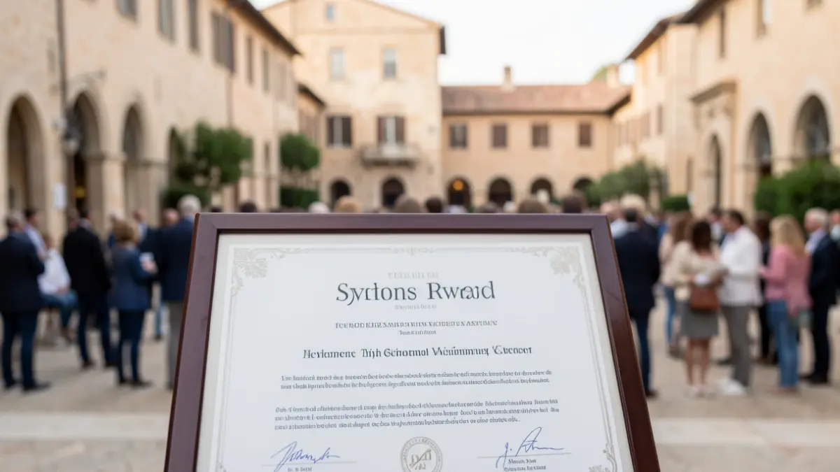 Imatge genèrica d'un certificat de premi amb un fons desenfocat d'arquitectura mediterrània.