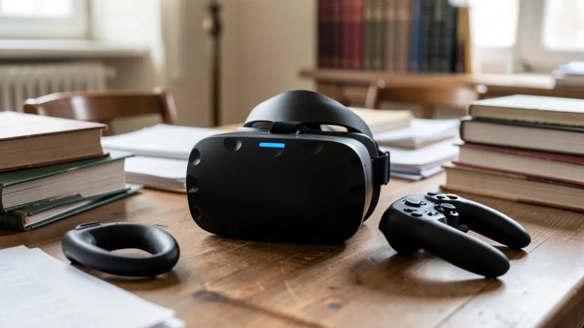 Imatge genèrica d'un equip de realitat virtual i material d'estudi.